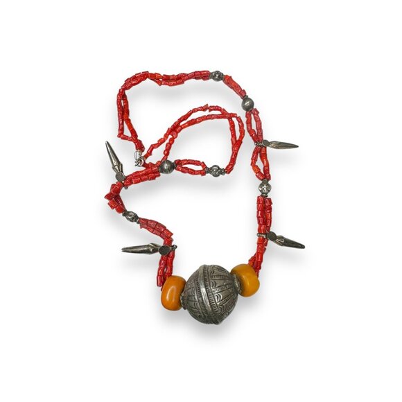 Vintage Berber Coral Amber Sterling Silver Amulet Necklace 30" 1940s African - Picture 1 of 8